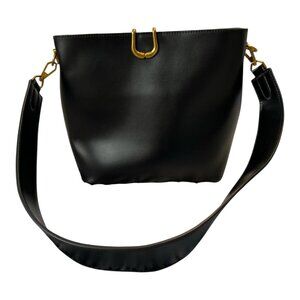 Sleek Black Faux Leather Shoulder Bag with Sculpted Fold-Down Gold Closure Y2K